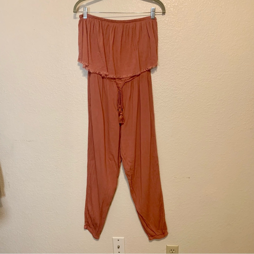 Aerie Strapless Jumpsuit Boho Crinkle Gauze Jogger Dusty Rose Size Small - Picture 3 of 10